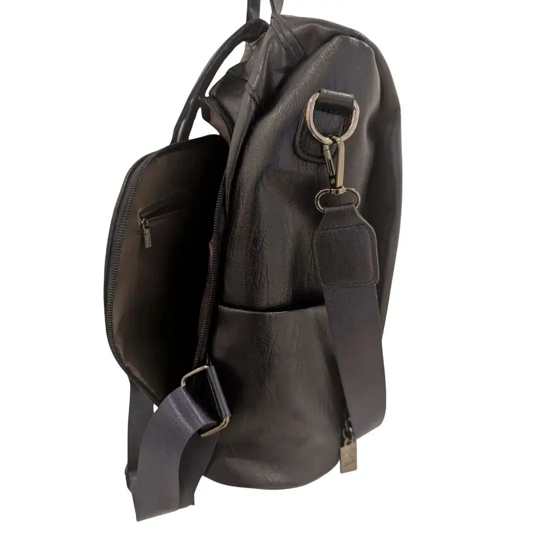 Sac à dos femme Olixya noir, antivol et sécurisé, vue de profil avec ouverture