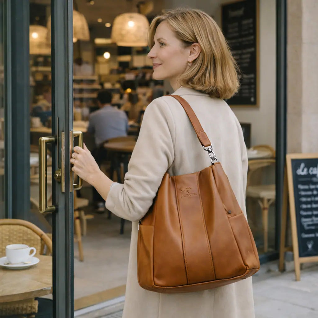 Sac à dos antivol femme  Olixya marron porté épaule, design élégant et sécurisé pour les déplacements quotidiens