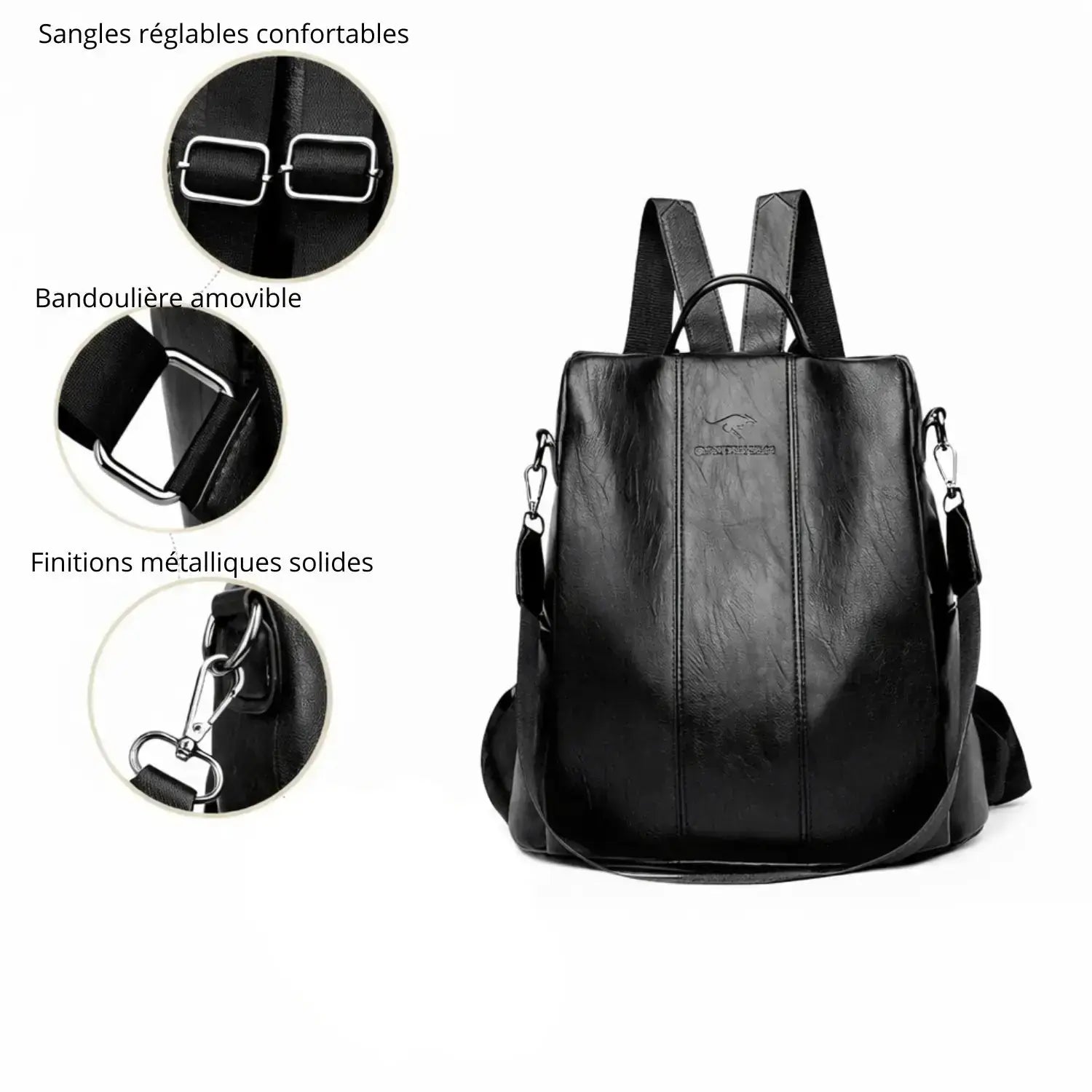 Détail des boucles, attaches et anneaux du sac à dos antivol  femme Olixya noir